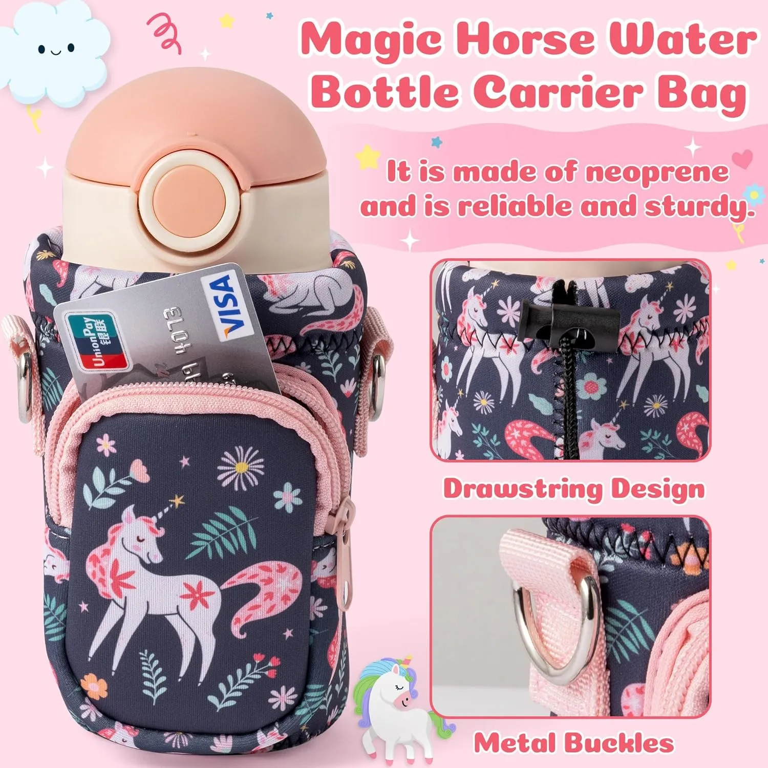 Water Bottle Carrier Bag with Strap for Kids - Water Bottle Bag Holder with Padded Strap Pocket 10/12/14/16/18Oz for Boys Girls School Walking Hiking Camping