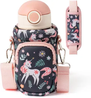 Water Bottle Carrier Bag with Strap for Kids - Water Bottle Bag Holder with Padded Strap Pocket 10/12/14/16/18Oz for Boys Girls School Walking Hiking Camping