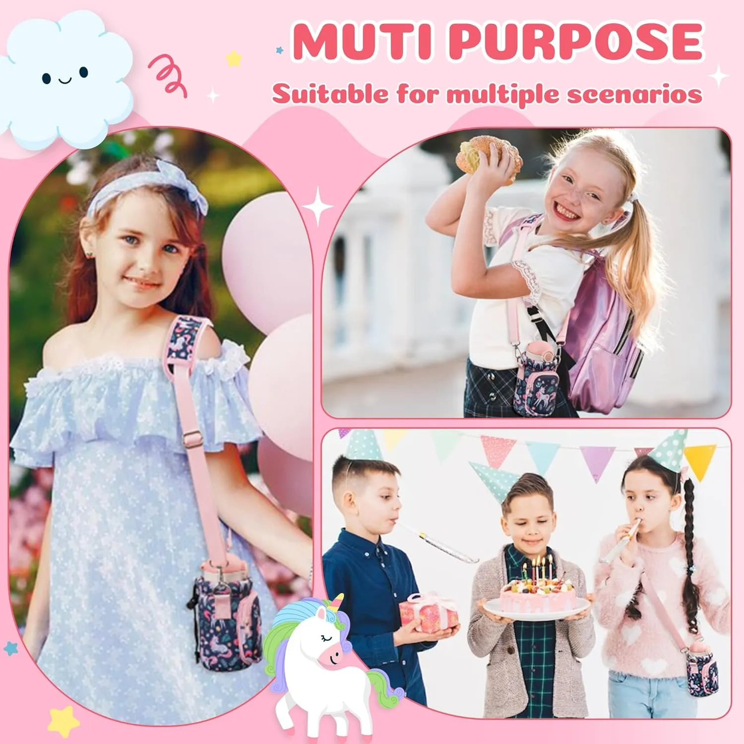 Water Bottle Carrier Bag with Strap for Kids - Water Bottle Bag Holder with Padded Strap Pocket 10/12/14/16/18Oz for Boys Girls School Walking Hiking Camping