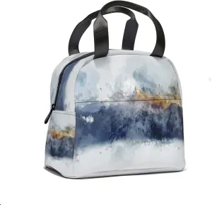 Watercolor Abstract Mountain Range Lunch Tote Bag Simple Design for Women Men Landscape Reusable Handle Insulated Lunch Box Front Pocket for School,Picnic,Work