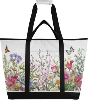 Watercolor Floral Butterfly Reusable Insulated Lunchbox Cooler Bag, Leakproof Kitchen Grocery Bag Collapsible Portable Cooler Tote Bag for Picnic, Camping, Office, Travel