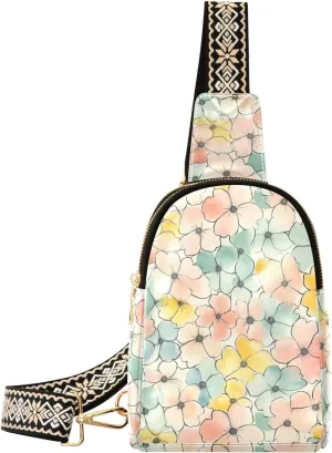 Watercolor Flower Full-Print Leather Fashion Waist Pack Small Crossbody Bag with Card Slots & Adjustable Strap for Biking Shopping Hiking Running & Casual Outings