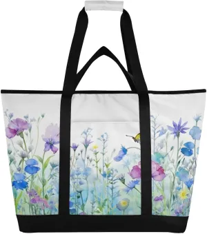 Watercolor Flowers Butterflies Reusable Insulated Lunchbox Cooler Bag, Leakproof Kitchen Grocery Bag Collapsible Portable Cooler Tote Bag for Picnic, Camping, Office, Travel