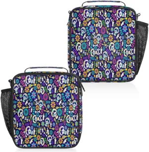 Watercolor Skull Insulated Lunch Bag Reusable Waterproofing Lunch Box with Shoulder Strap Handle and Water Bottle Net Bag for Travel Camping Beach Picnic