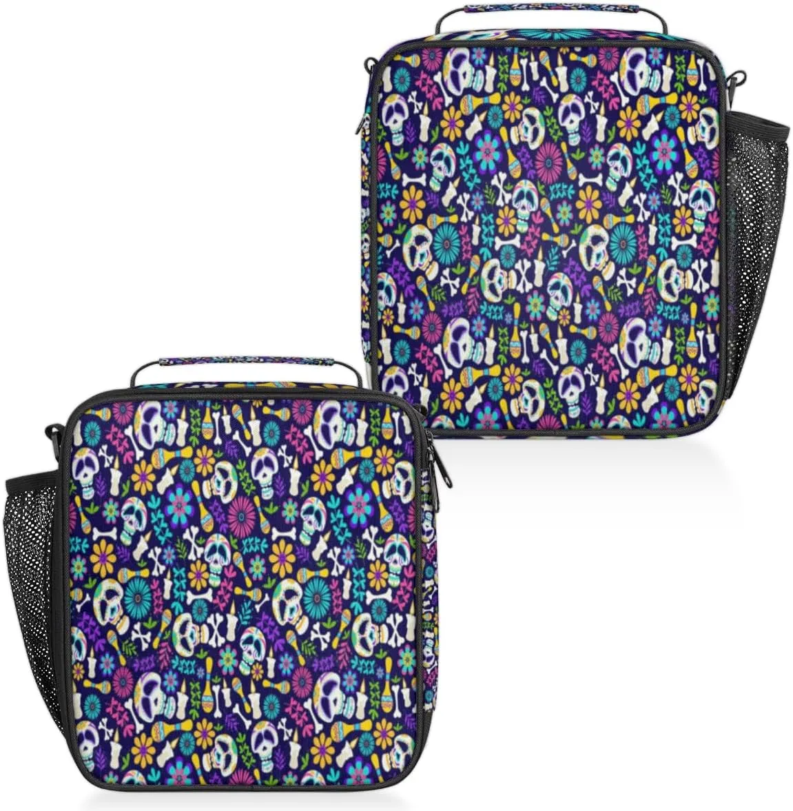 Watercolor Skull Insulated Lunch Bag Reusable Waterproofing Lunch Box with Shoulder Strap Handle and Water Bottle Net Bag for Travel Camping Beach Picnic