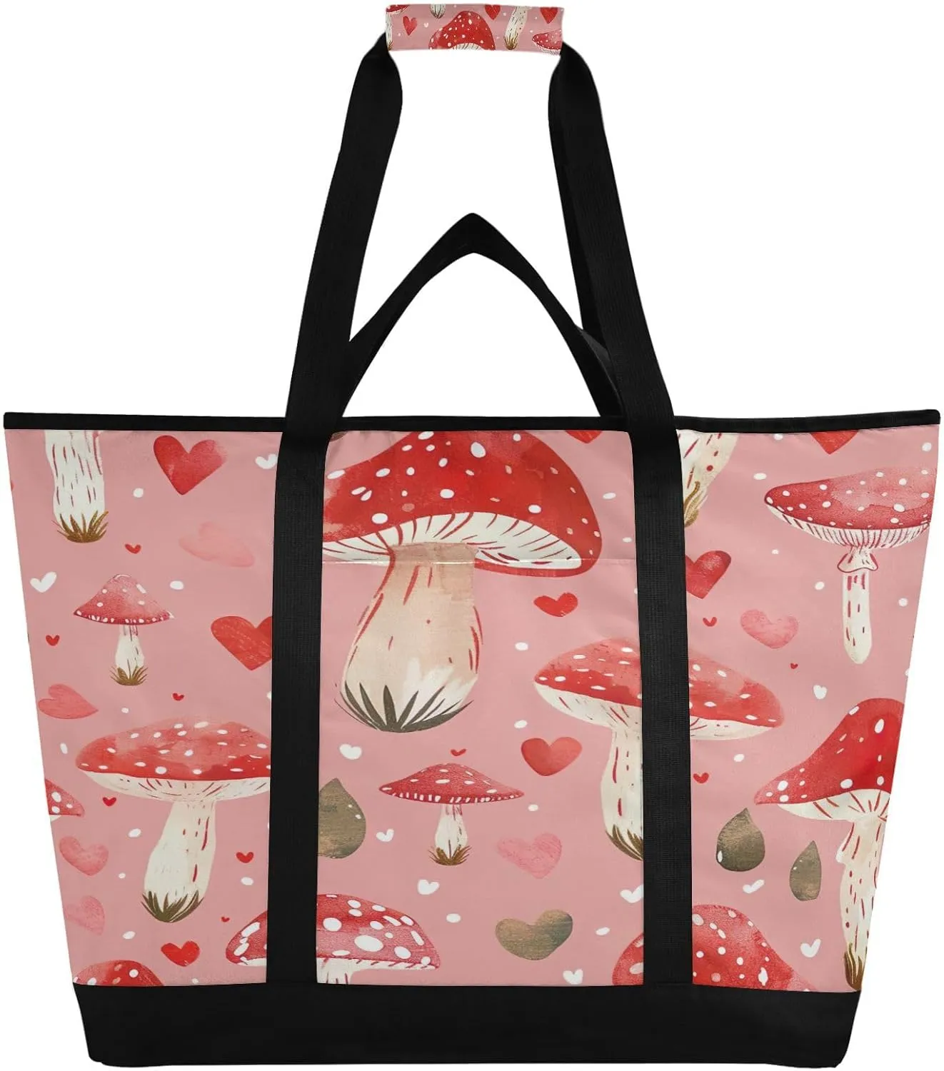 Watercolour Mushroom Reusable Insulated Lunchbox Cooler Bag, Leakproof Kitchen Grocery Bag Collapsible Portable Cooler Tote Bag for Picnic, Camping, Office, Travel