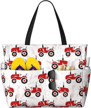 Waterproof Sandproof Beach Bag Red Wheeled Tractors Swim Large Tote Pool Bag For Women With Zipper