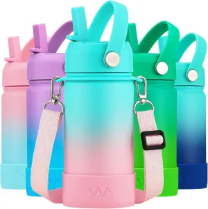 WEREWOLVES 14oz Kids Water Bottle with Straw Lid, Shoulder Strap and Boot - Insulated Stainless Steel, Reusable Leakproof Metal Water Bottles for School Boys Girls (Bubble Gum, 14 oz)