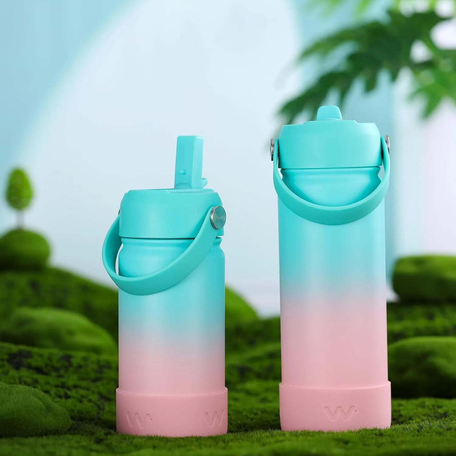 WEREWOLVES 14oz Kids Water Bottle with Straw Lid, Shoulder Strap and Boot - Insulated Stainless Steel, Reusable Leakproof Metal Water Bottles for School Boys Girls (Bubble Gum, 14 oz)