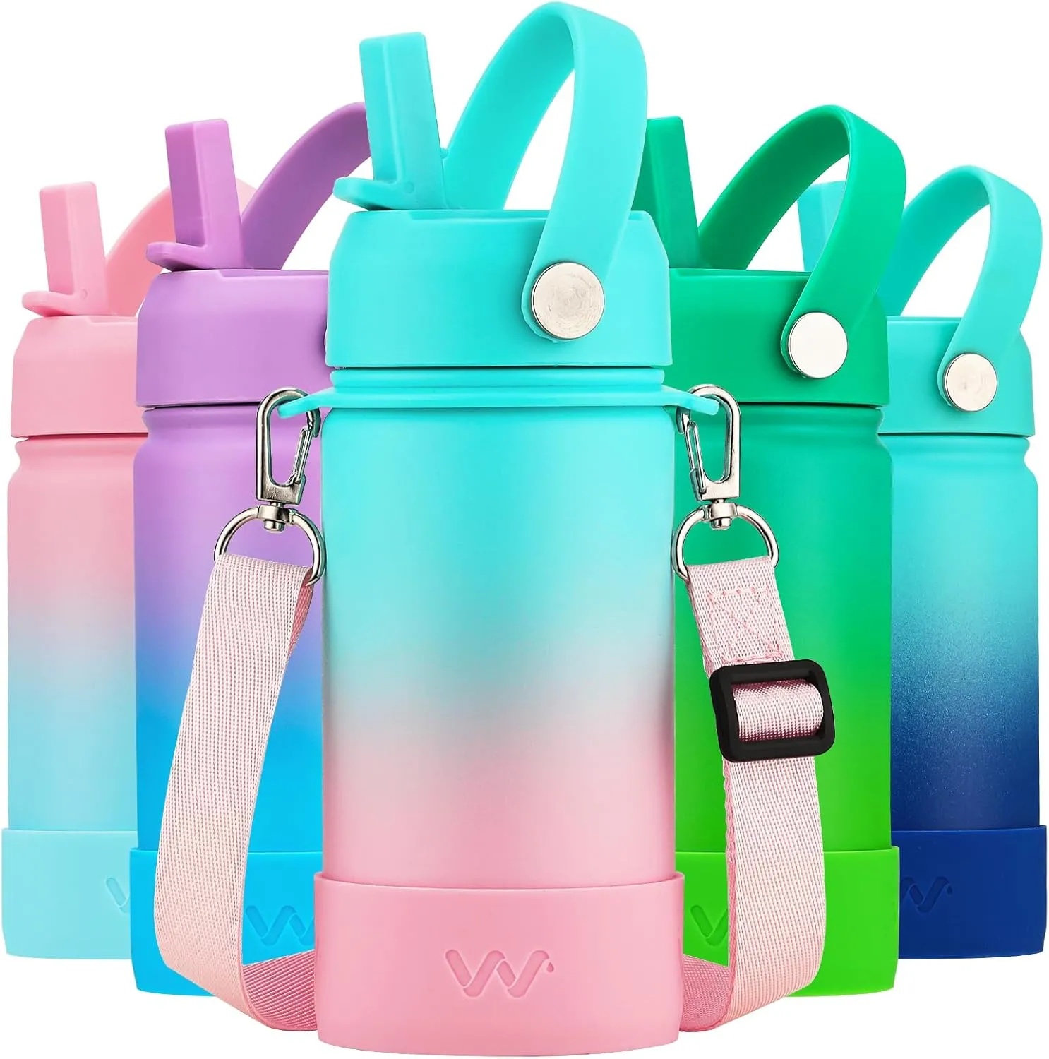 WEREWOLVES 14oz Kids Water Bottle with Straw Lid, Shoulder Strap and Boot - Insulated Stainless Steel, Reusable Leakproof Metal Water Bottles for School Boys Girls (Bubble Gum, 14 oz)