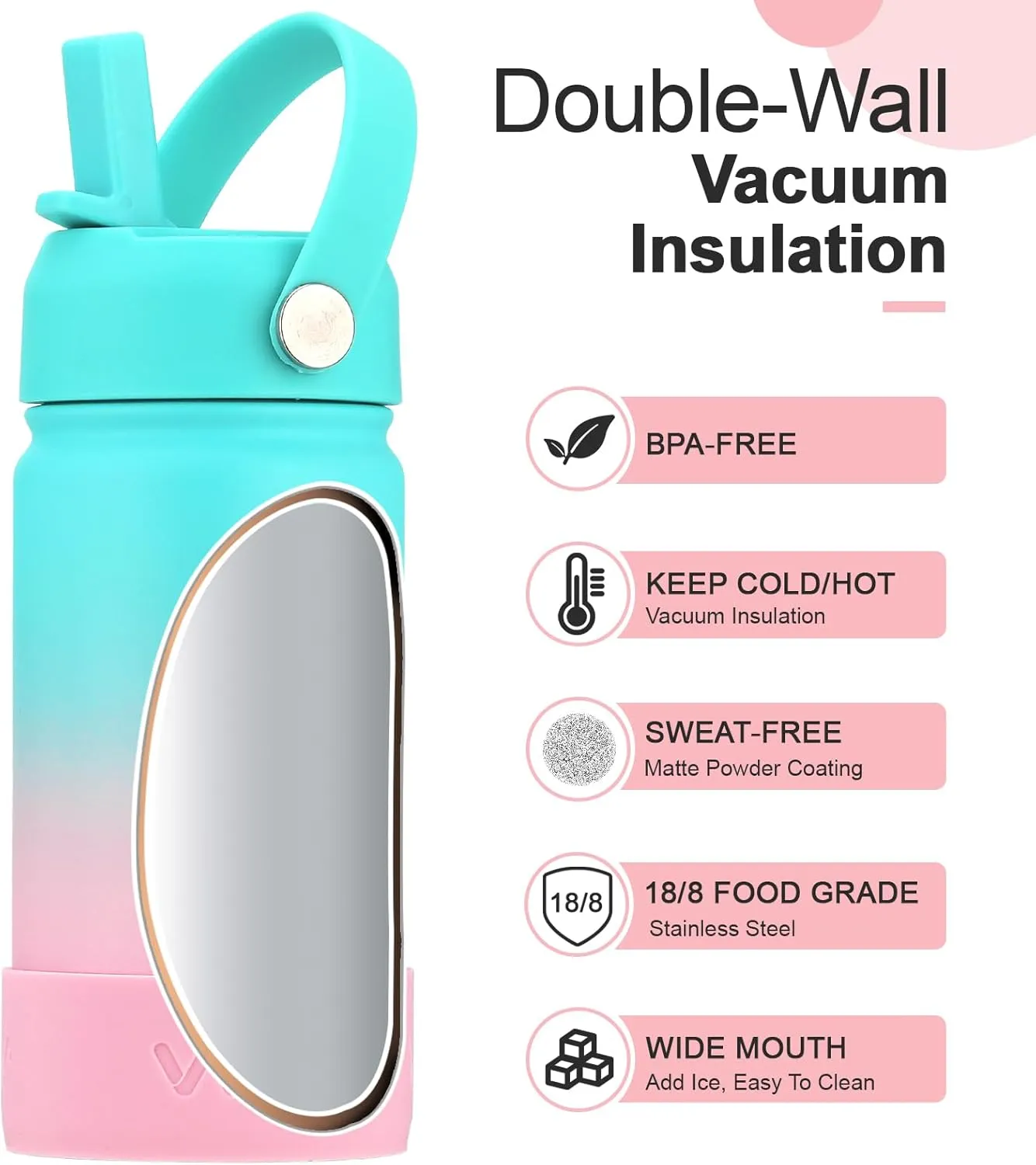 WEREWOLVES 14oz Kids Water Bottle with Straw Lid, Shoulder Strap and Boot - Insulated Stainless Steel, Reusable Leakproof Metal Water Bottles for School Boys Girls (Bubble Gum, 14 oz)