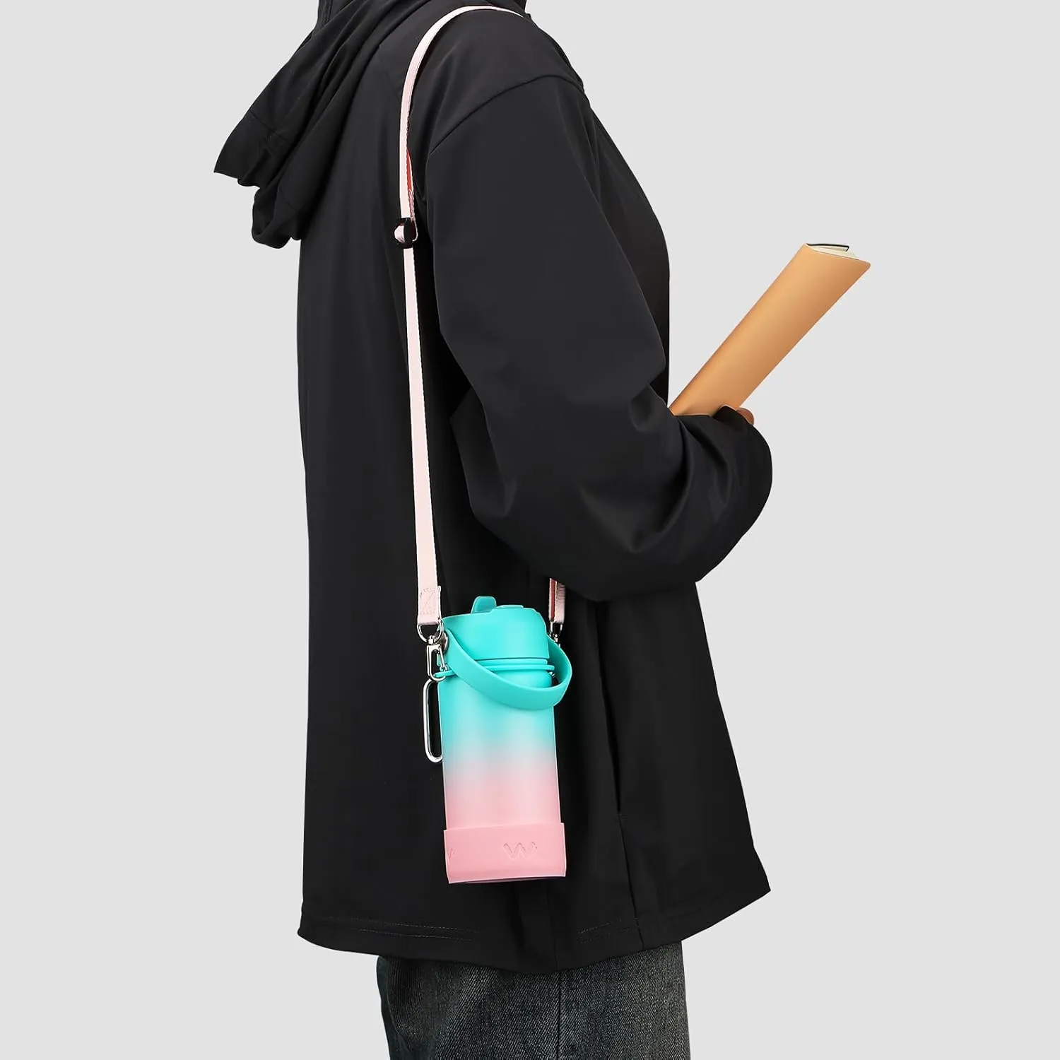 WEREWOLVES 14oz Kids Water Bottle with Straw Lid, Shoulder Strap and Boot - Insulated Stainless Steel, Reusable Leakproof Metal Water Bottles for School Boys Girls (Bubble Gum, 14 oz)