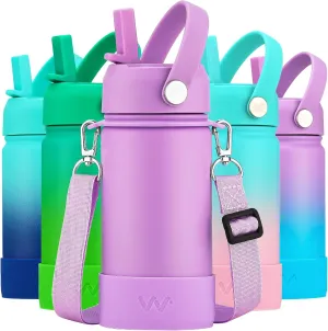 WEREWOLVES 14oz Kids Water Bottle with Straw Lid, Shoulder Strap and Boot - Insulated Stainless Steel, Reusable Leakproof Metal Water Bottles for School (Lilac, 14 oz)