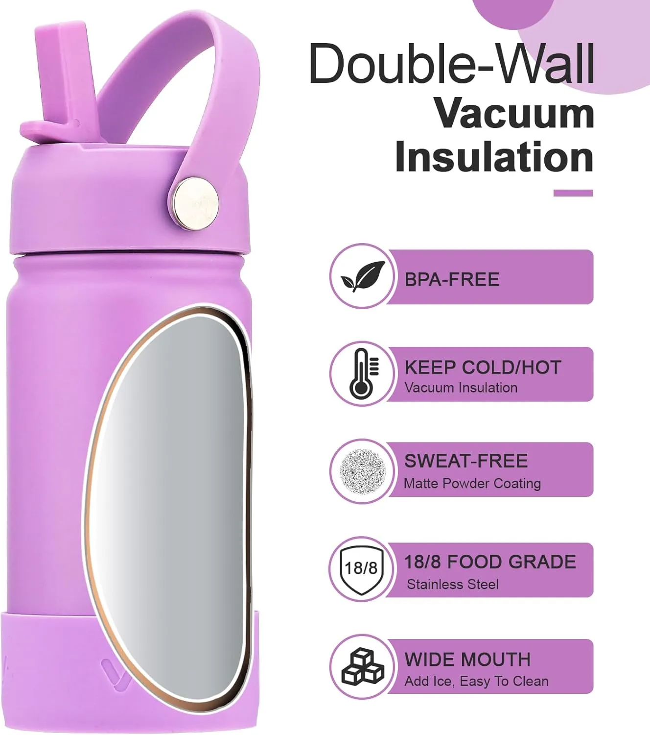 WEREWOLVES 14oz Kids Water Bottle with Straw Lid, Shoulder Strap and Boot - Insulated Stainless Steel, Reusable Leakproof Metal Water Bottles for School (Lilac, 14 oz)