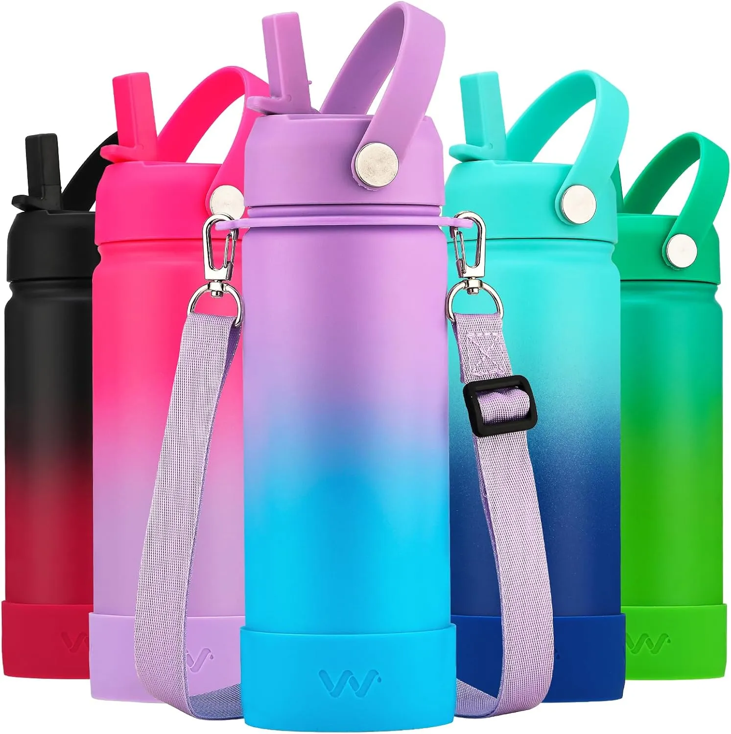 WEREWOLVES 18oz Kids Water Bottle with Straw Lid, Shoulder Strap and Boot - Insulated Stainless Steel, Reusable Leakproof Metal Water Bottles for School(Lilac/Sky Blue, 18 oz)
