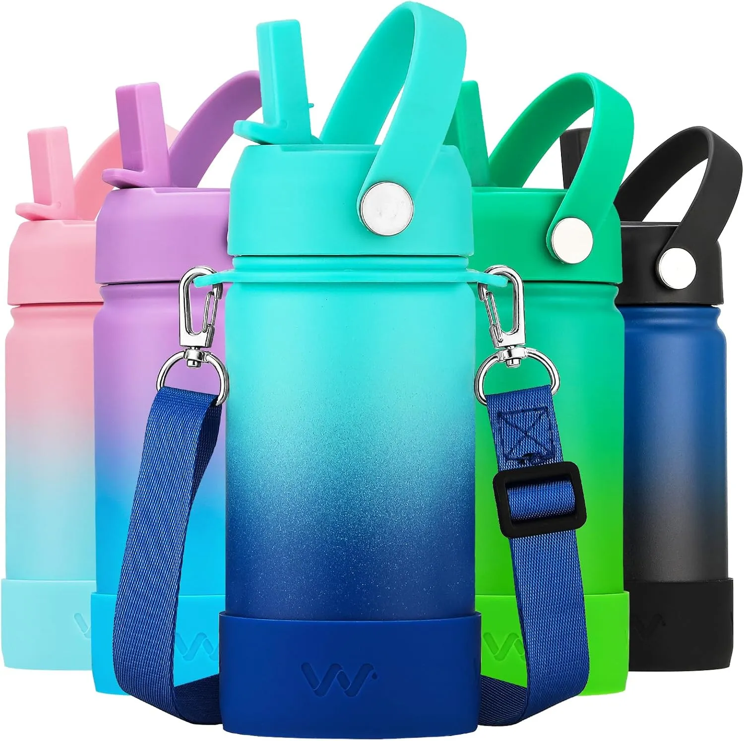 WEREWOLVES Kids Water Bottle with Straw Lid, Shoulder Strap and Boot - Insulated Stainless Steel, Reusable Leakproof Metal Water Bottles for School(Ocean, 14 oz)