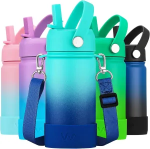 WEREWOLVES Kids Water Bottle with Straw Lid, Shoulder Strap and Boot - Insulated Stainless Steel, Reusable Leakproof Metal Water Bottles for School(Ocean, 14 oz)