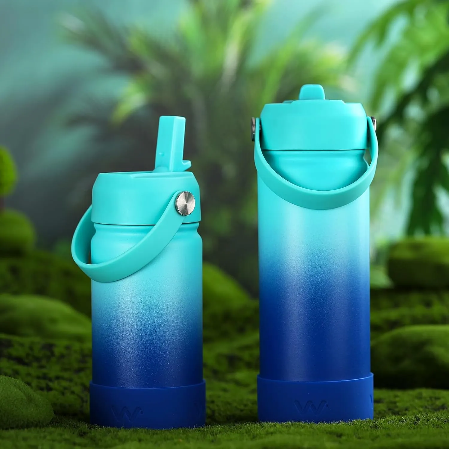 WEREWOLVES Kids Water Bottle with Straw Lid, Shoulder Strap and Boot - Insulated Stainless Steel, Reusable Leakproof Metal Water Bottles for School(Ocean, 14 oz)