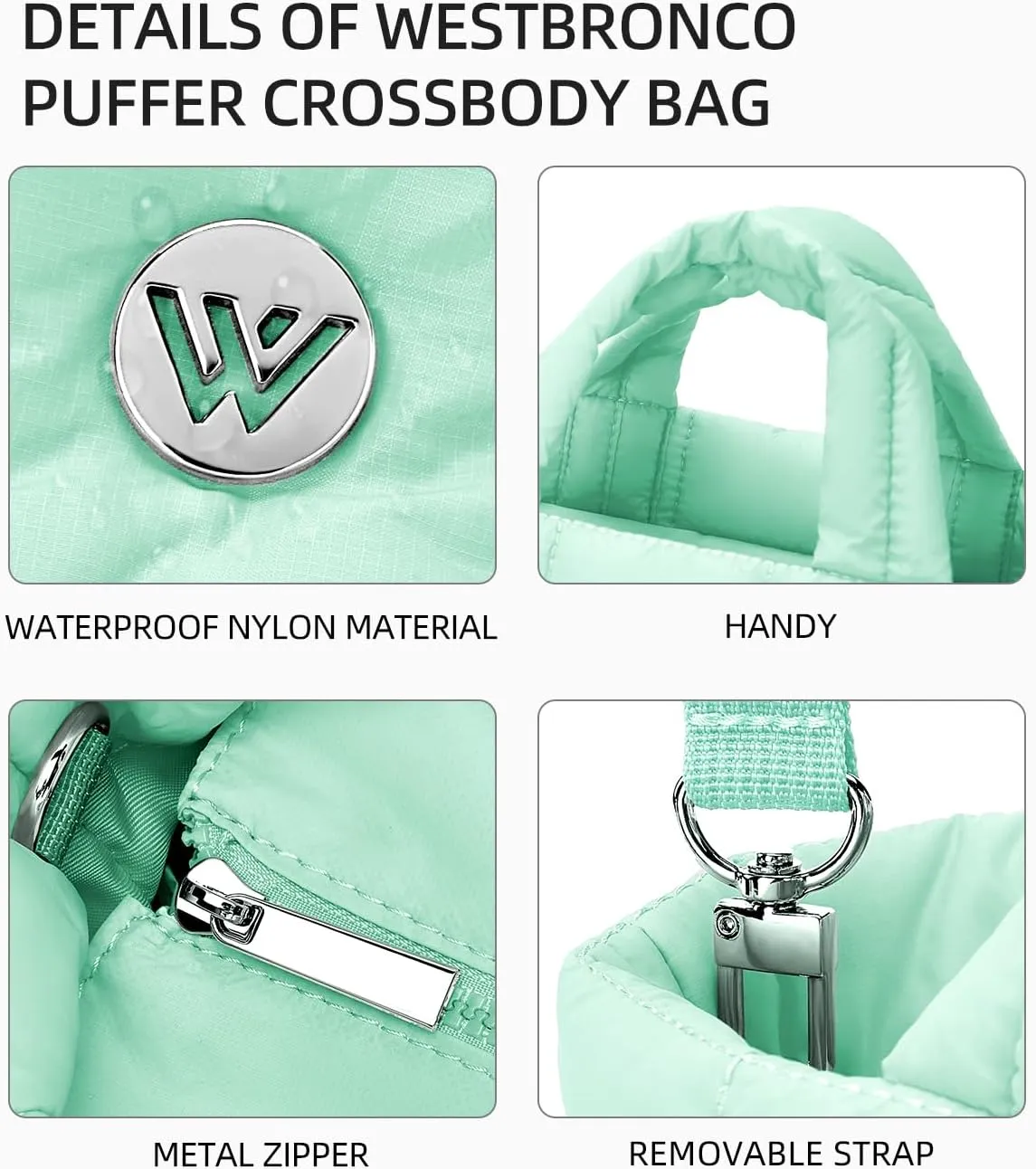 WESTBRONCO Small Puffer Bag Quilted Crossbody Bags for Women Puffy Purse Nylon Shoulder Handbag with Adjustable Strap