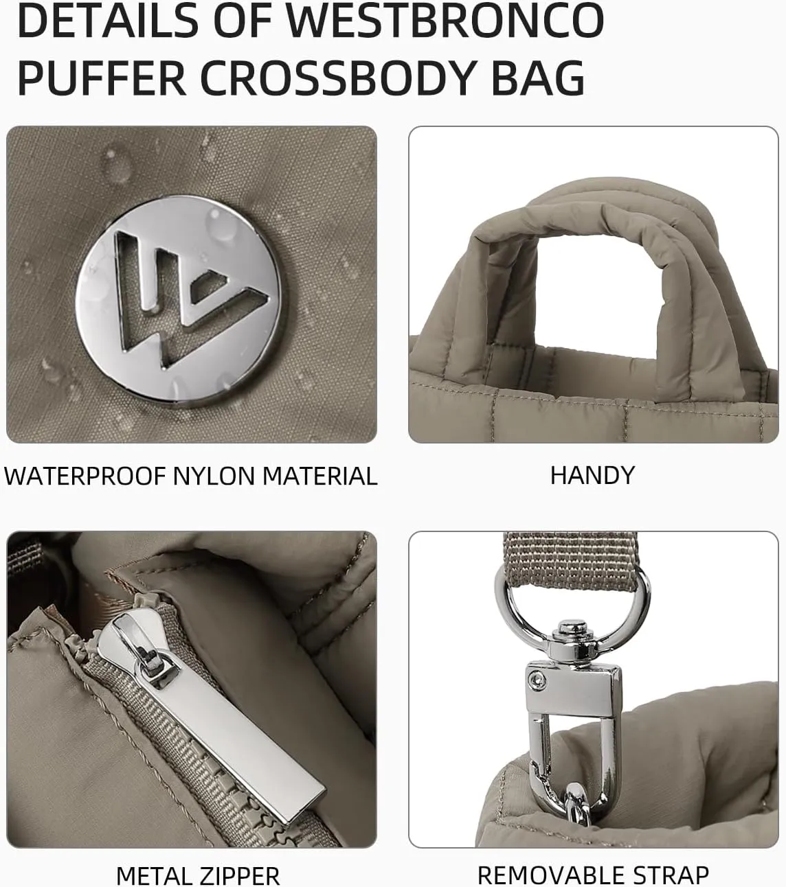 WESTBRONCO Small Puffer Bag Quilted Crossbody Bags for Women Puffy Purse Nylon Shoulder Handbag with Adjustable Strap