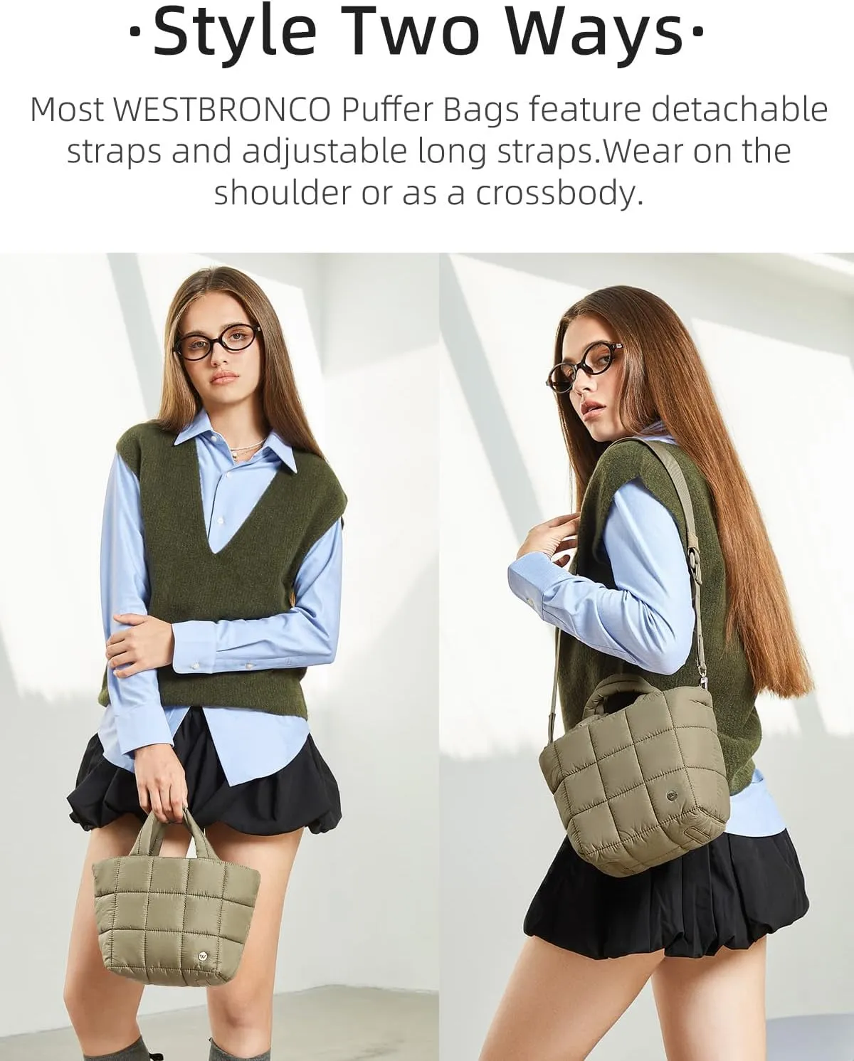 WESTBRONCO Small Puffer Bag Quilted Crossbody Bags for Women Puffy Purse Nylon Shoulder Handbag with Adjustable Strap