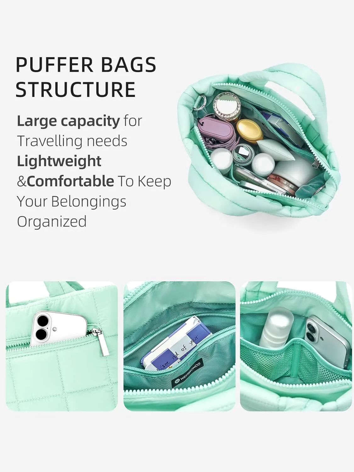 WESTBRONCO Small Puffer Bag Quilted Crossbody Bags for Women Puffy Purse Nylon Shoulder Handbag with Adjustable Strap