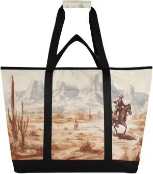 Western Desert Cowboy Reusable Insulated Lunchbox Cooler Bag, Leakproof Kitchen Grocery Bag Collapsible Portable Cooler Tote Bag for Picnic, Camping, Office, Travel