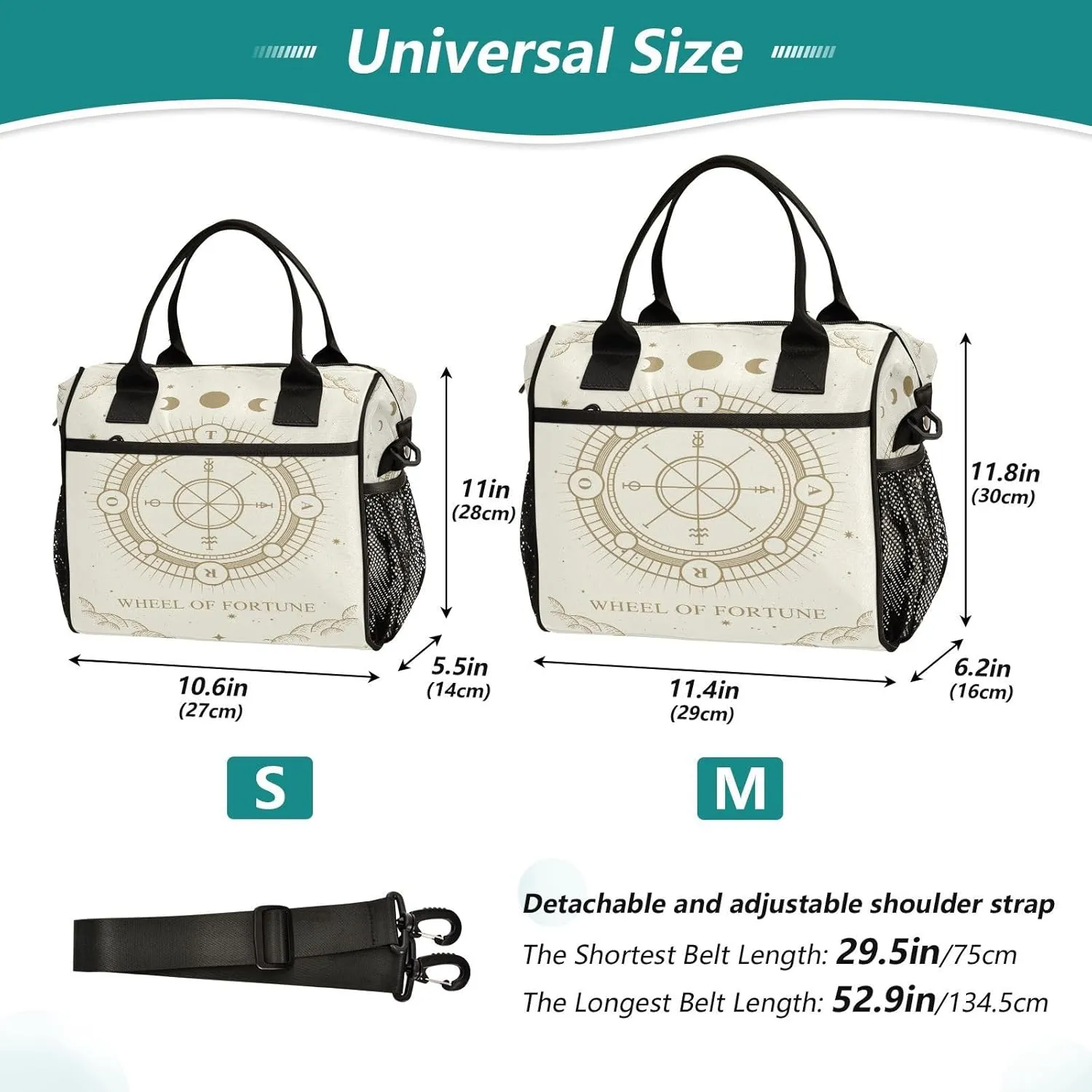 Wheel-fortune-tarot-print1 Insulated Cooler Lunch Bag for Women Men, Reusable Lunch Tote Bag with Adjustable Shoulder Belt for Travel Picnic Working,M, Medium