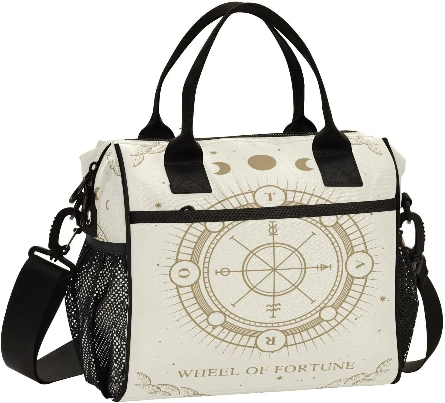 Wheel-fortune-tarot-print1 Insulated Cooler Lunch Bag for Women Men, Reusable Lunch Tote Bag with Adjustable Shoulder Belt for Travel Picnic Working,M, Medium