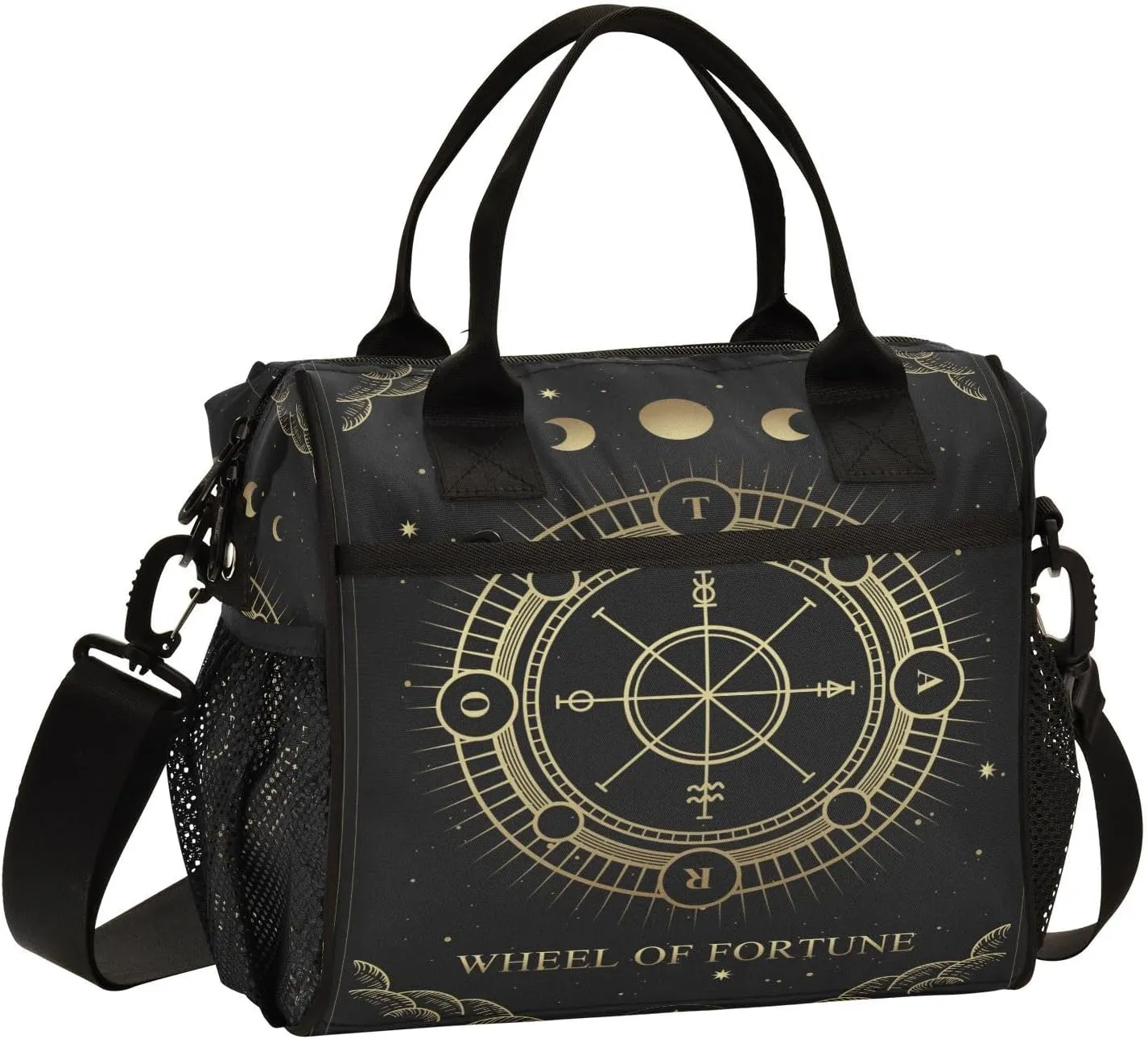 Wheel-fortune-tarot-print2 Insulated Cooler Lunch Bag for Women Men, Reusable Lunch Tote Bag with Adjustable Shoulder Belt for Travel Picnic Working,S