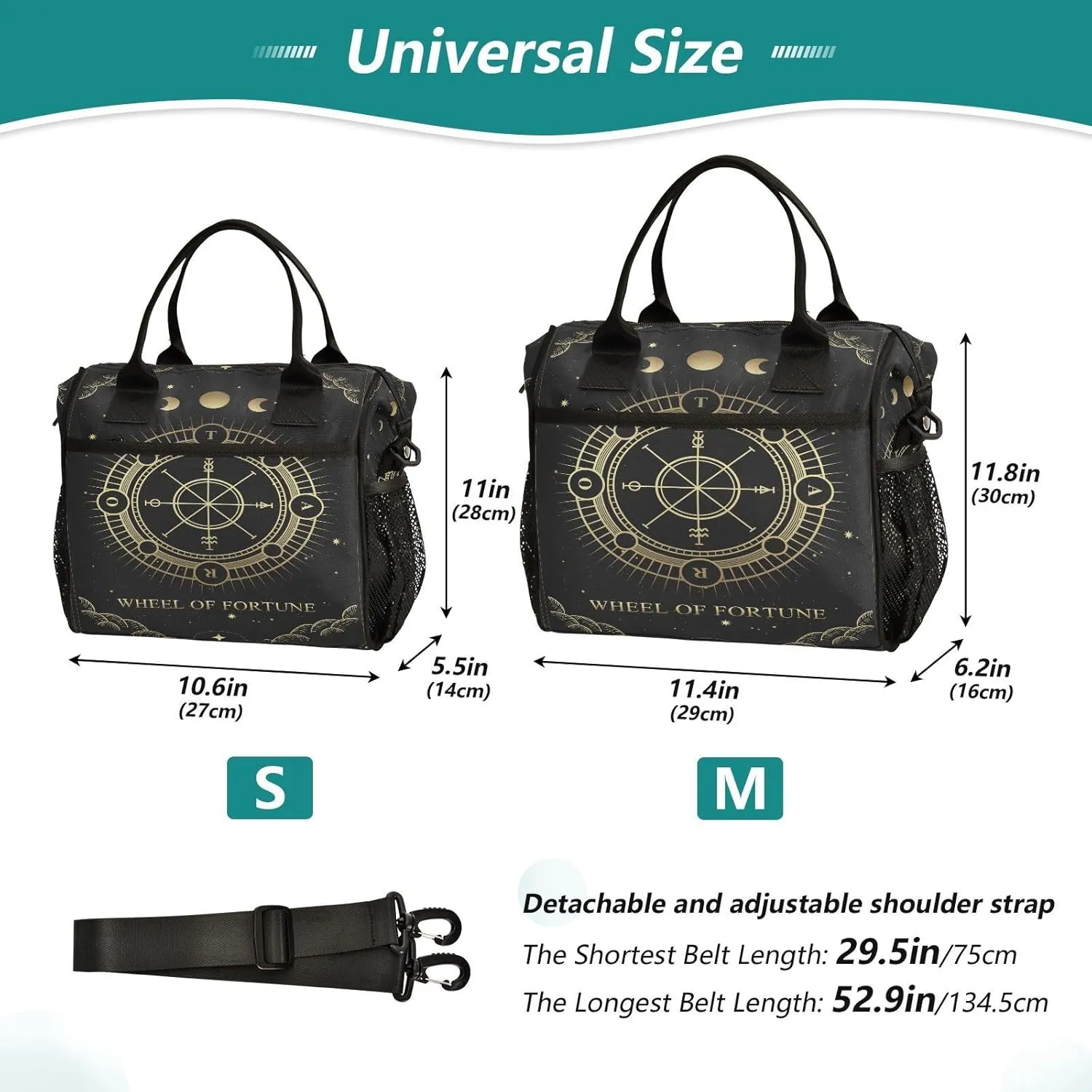 Wheel-fortune-tarot-print2 Insulated Cooler Lunch Bag for Women Men, Reusable Lunch Tote Bag with Adjustable Shoulder Belt for Travel Picnic Working,S