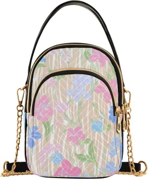Whimsical Floral Mix Tan Small Handbag Crossbody Bag for Women Quilted Bags Shoulder Purse Phone Wallet Chain Bag