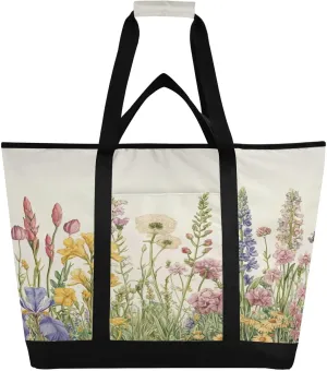 Wildflowers Reusable Insulated Lunchbox Cooler Bag, Leakproof Kitchen Grocery Bag Collapsible Portable Cooler Tote Bag for Picnic, Camping, Office, Travel