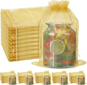 Windyun 100pcs Large Organza Bags 12 x 8 Inch Sheer Mesh Drawstring Gift Packaging Pouch Bags for Wedding Christmas Game Party Supplies(Gold)