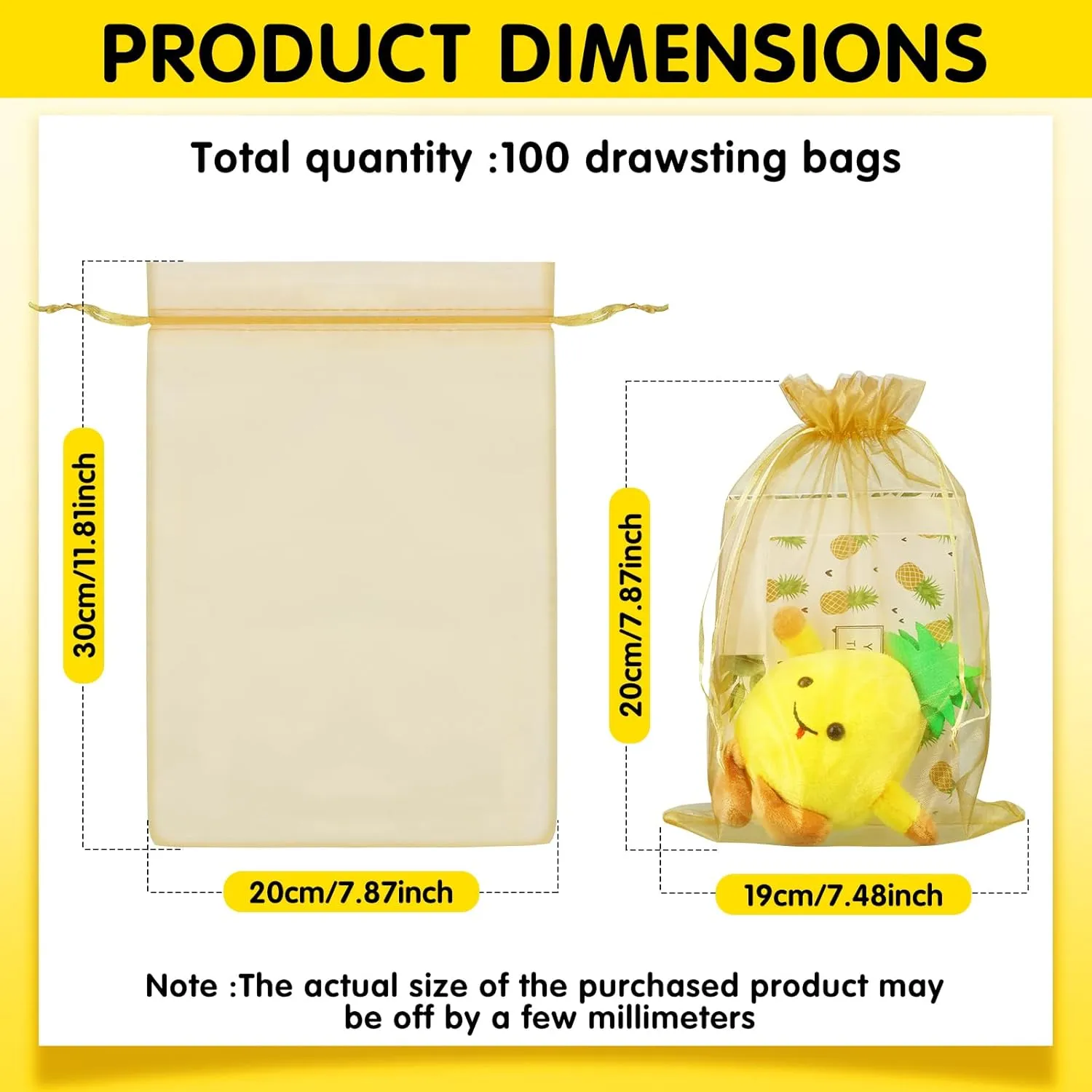 Windyun 100pcs Large Organza Bags 12 x 8 Inch Sheer Mesh Drawstring Gift Packaging Pouch Bags for Wedding Christmas Game Party Supplies(Gold)