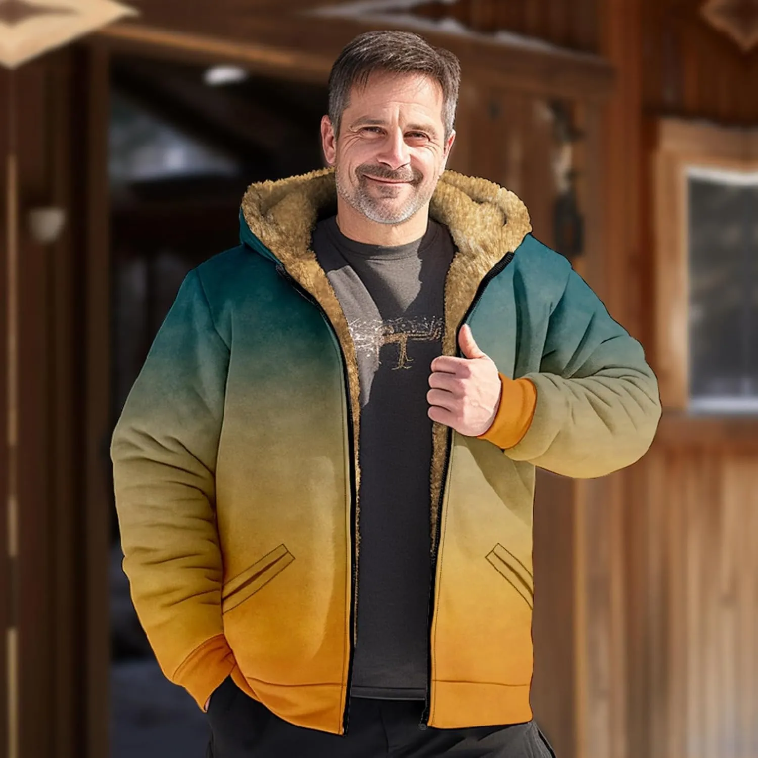 Winter Jacket for Men Printed Work Cargo Coats Zipper Outerwear Fleece Sherpa Lined Hoodies Hooded Sweatshirt Tops