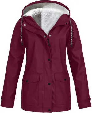 Winter Rain Coats for Women Waterproof Plus Size Hooded Rain Jackets Thicken Fleece Warm Raincoats with Pockets