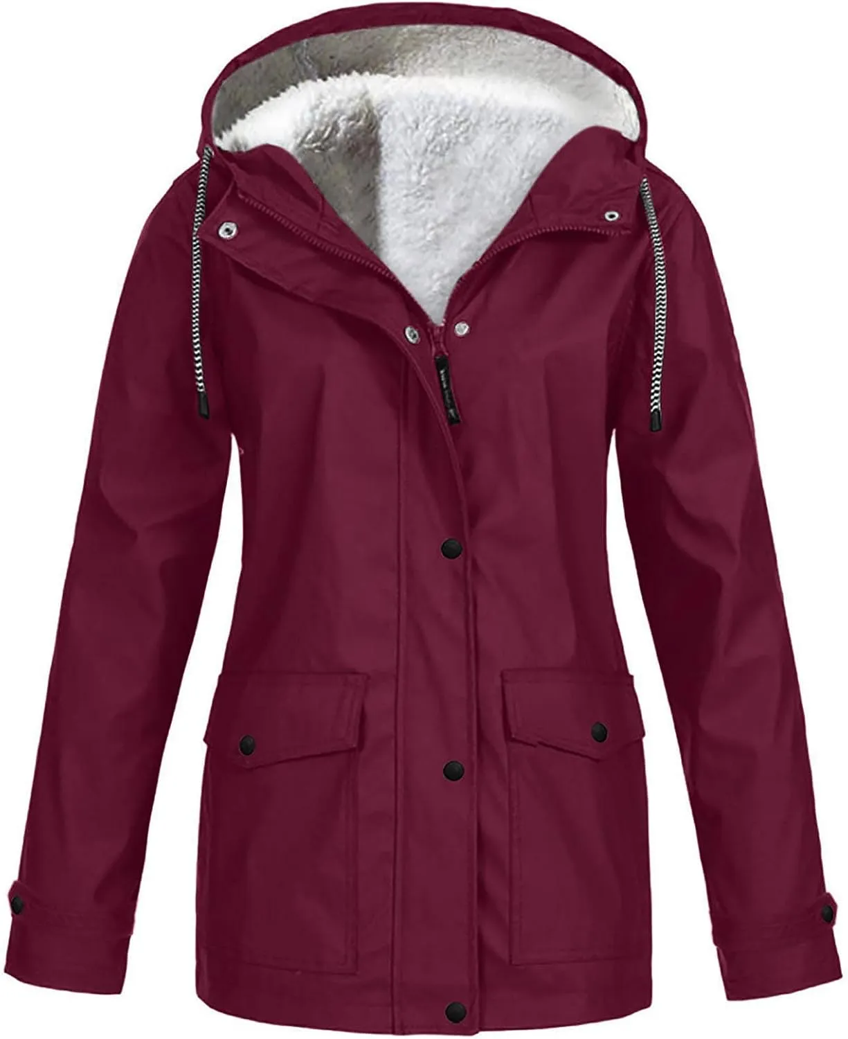 Winter Rain Coats for Women Waterproof Plus Size Hooded Rain Jackets Thicken Fleece Warm Raincoats with Pockets
