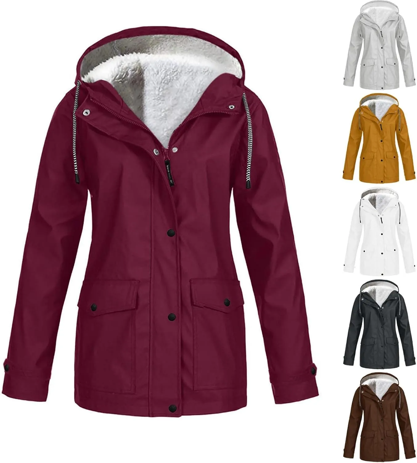 Winter Rain Coats for Women Waterproof Plus Size Hooded Rain Jackets Thicken Fleece Warm Raincoats with Pockets