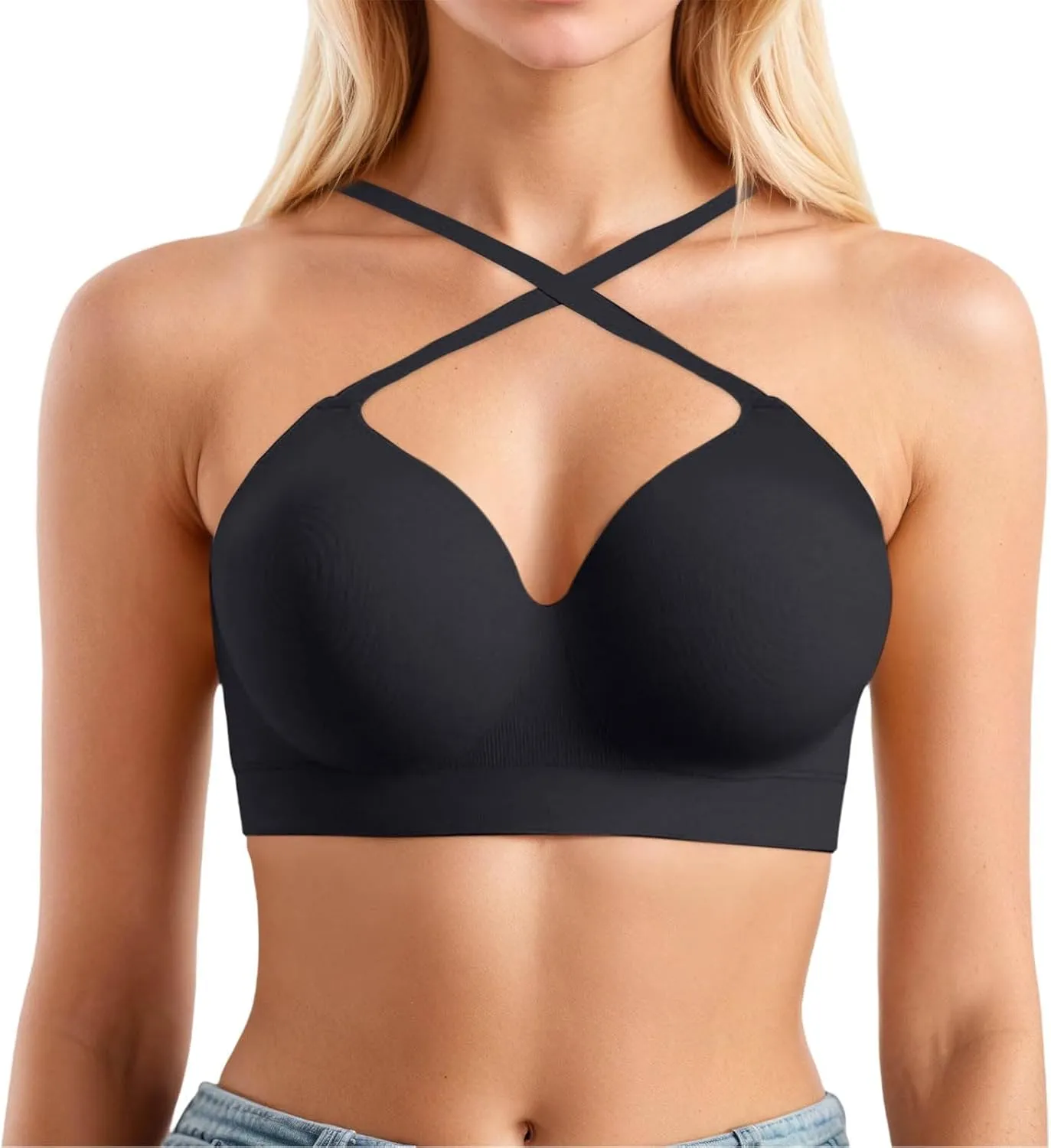 Woman Bras 36 C and Sexy Transparent Shoulder Strap Cordless Backless Spongeless with Bra Strapless for Women