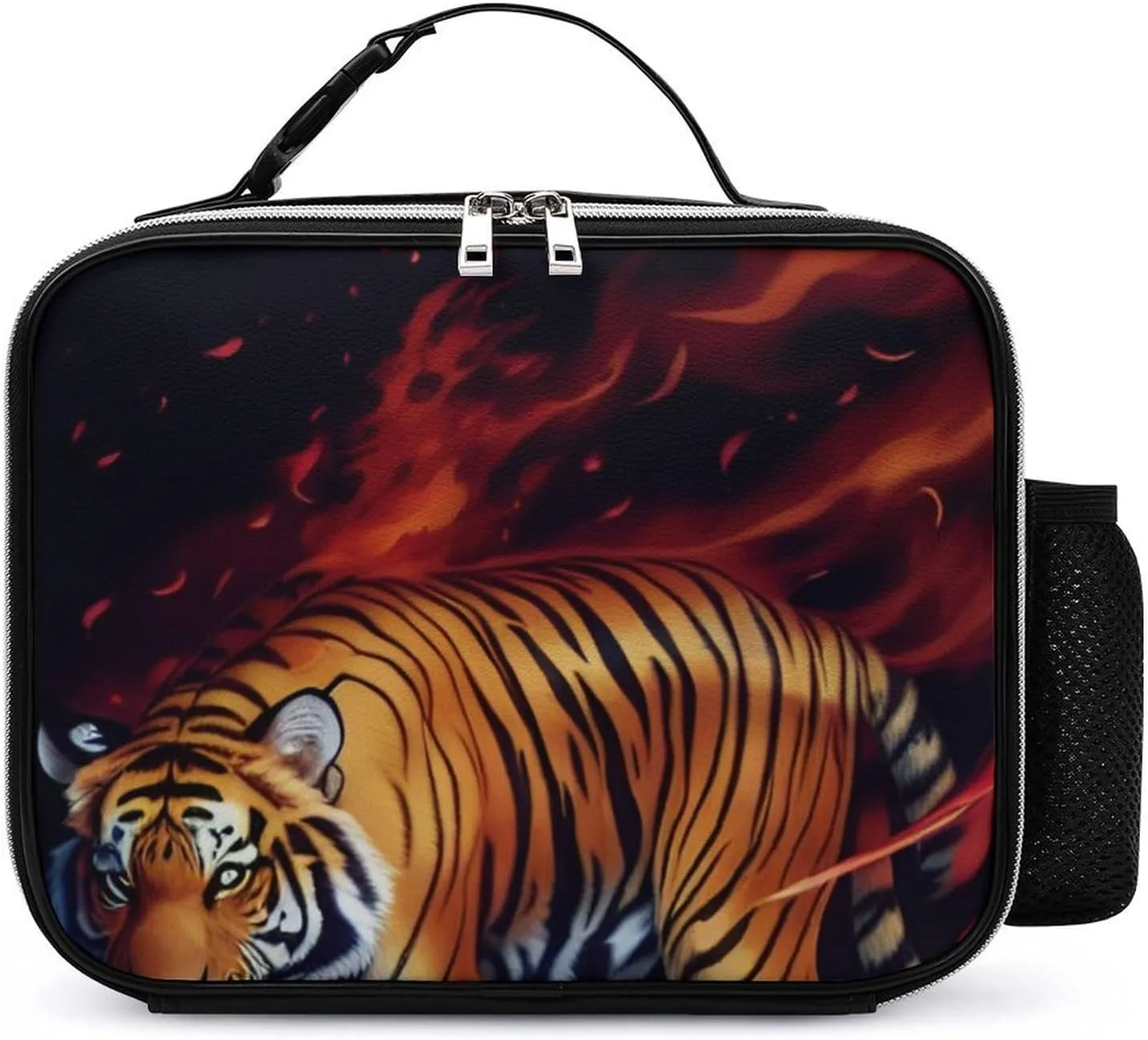 Women Adult Wild and Angry Tiger Fire Flame Brave Mammal King Roar Art Lunchbox Handbag for Office Work, Moisture Resistant Compact Lunch Organizer - Quick and Simple Organization