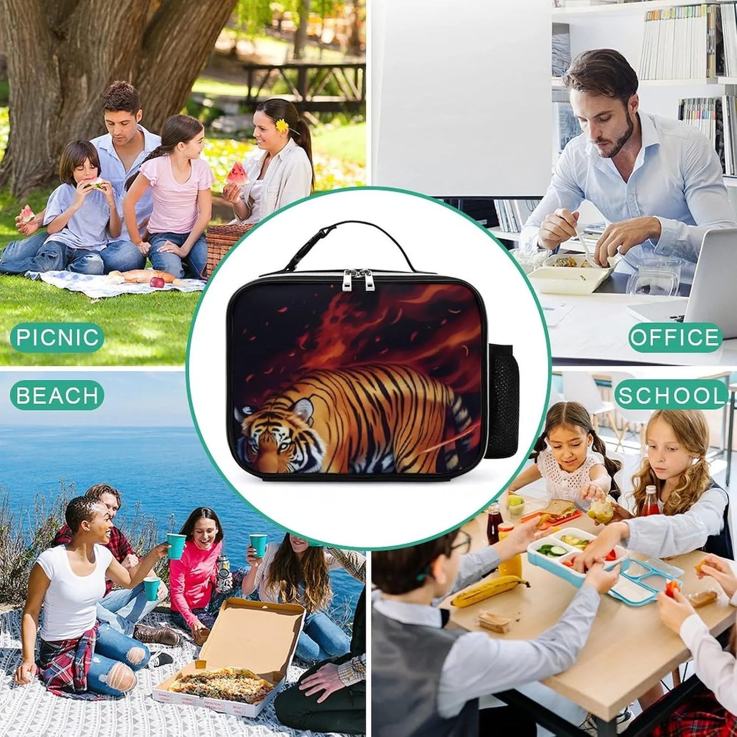 Women Adult Wild and Angry Tiger Fire Flame Brave Mammal King Roar Art Lunchbox Handbag for Office Work, Moisture Resistant Compact Lunch Organizer - Quick and Simple Organization