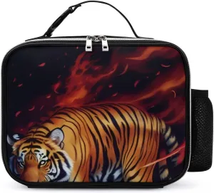 Women Adult Wild and Angry Tiger Fire Flame Brave Mammal King Roar Art Lunchbox Handbag for Office Work, Moisture Resistant Compact Lunch Organizer - Quick and Simple Organization