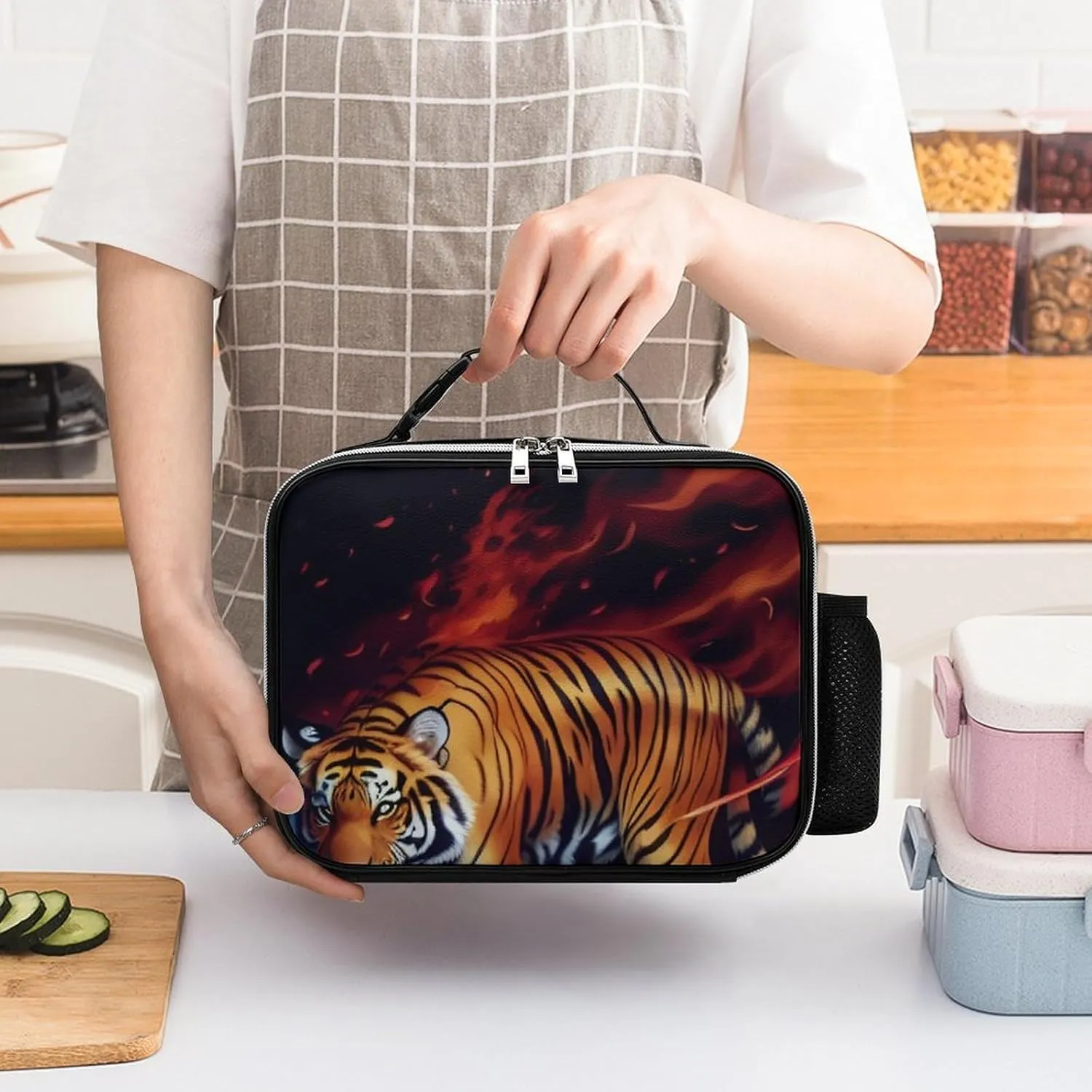 Women Adult Wild and Angry Tiger Fire Flame Brave Mammal King Roar Art Lunchbox Handbag for Office Work, Moisture Resistant Compact Lunch Organizer - Quick and Simple Organization