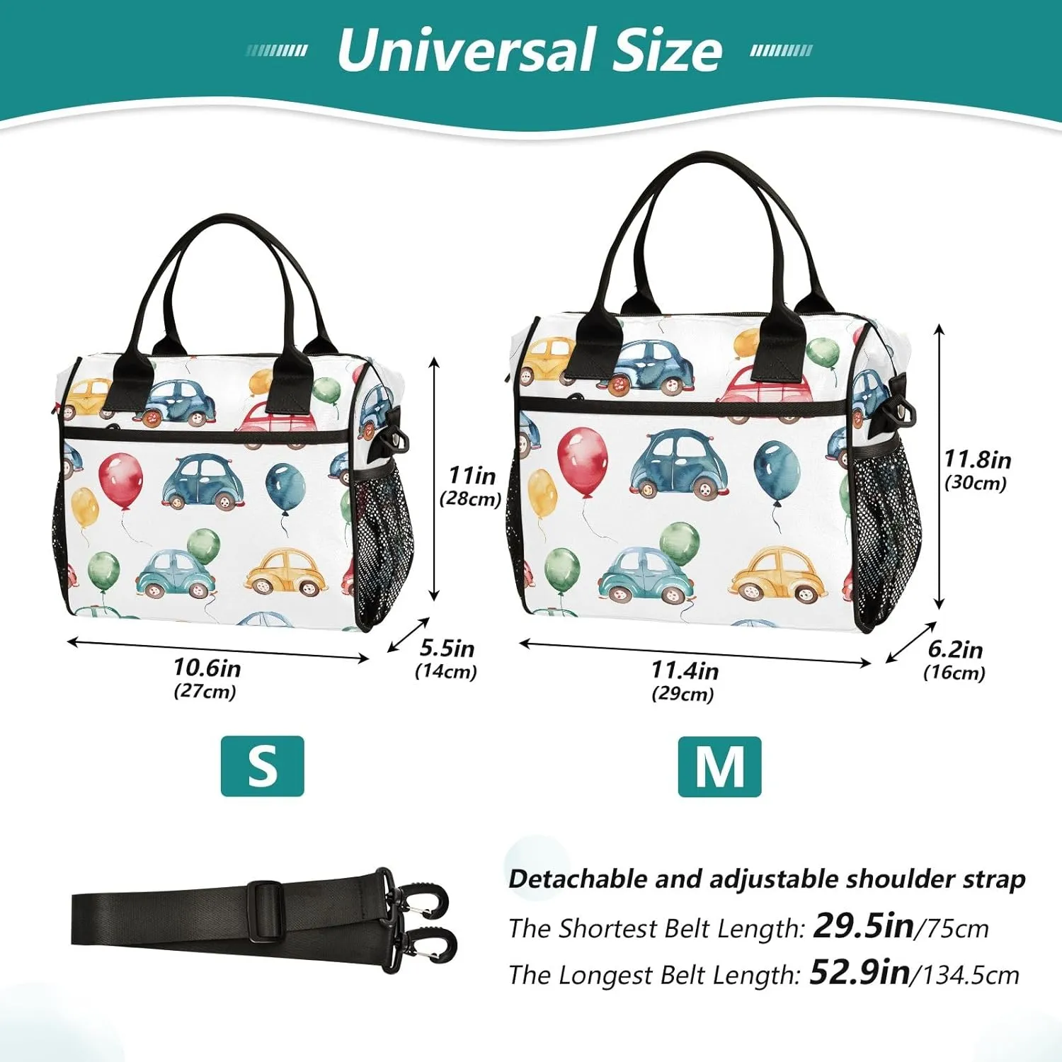 Women Cooler Bags Lunch Bag Reusable Insulated Lunch Bags Cars Balloons Crossbody with Shoulder Strap Adults S