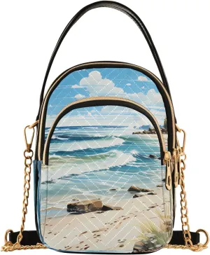 Women Crossbody Handbag Coastal Scenery Pattern Quilted Chain Bag