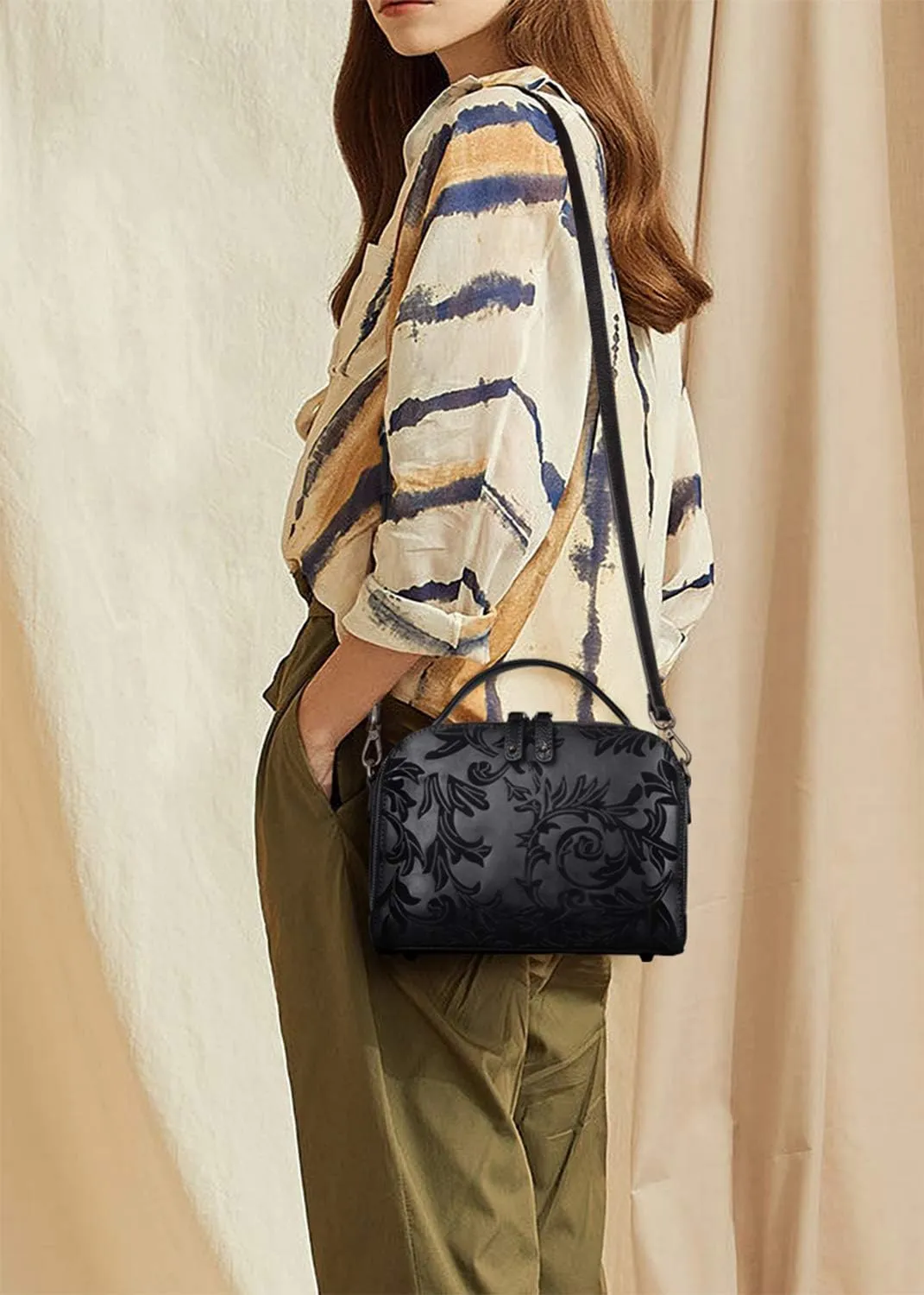 Women Genuine Leather Messenger Crossbody Handbag Design Embossed Floral Pattern Sling Satchel Shoulder Bag