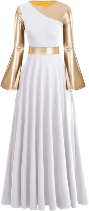 Women Metallic Bi Color Liturgical Praise Dance Dress Bell Long Sleeve Lyrical Dancewear Church Robe Worship Costume