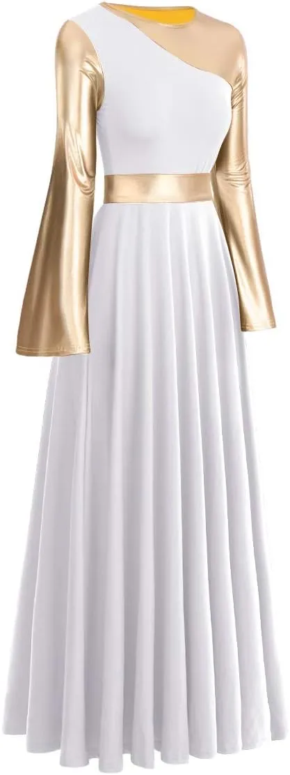 Women Metallic Bi Color Liturgical Praise Dance Dress Bell Long Sleeve Lyrical Dancewear Church Robe Worship Costume