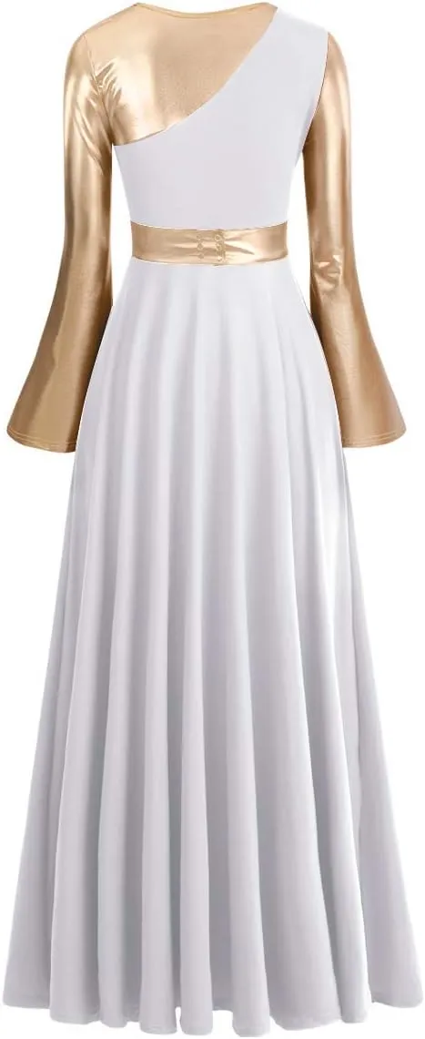 Women Metallic Bi Color Liturgical Praise Dance Dress Bell Long Sleeve Lyrical Dancewear Church Robe Worship Costume